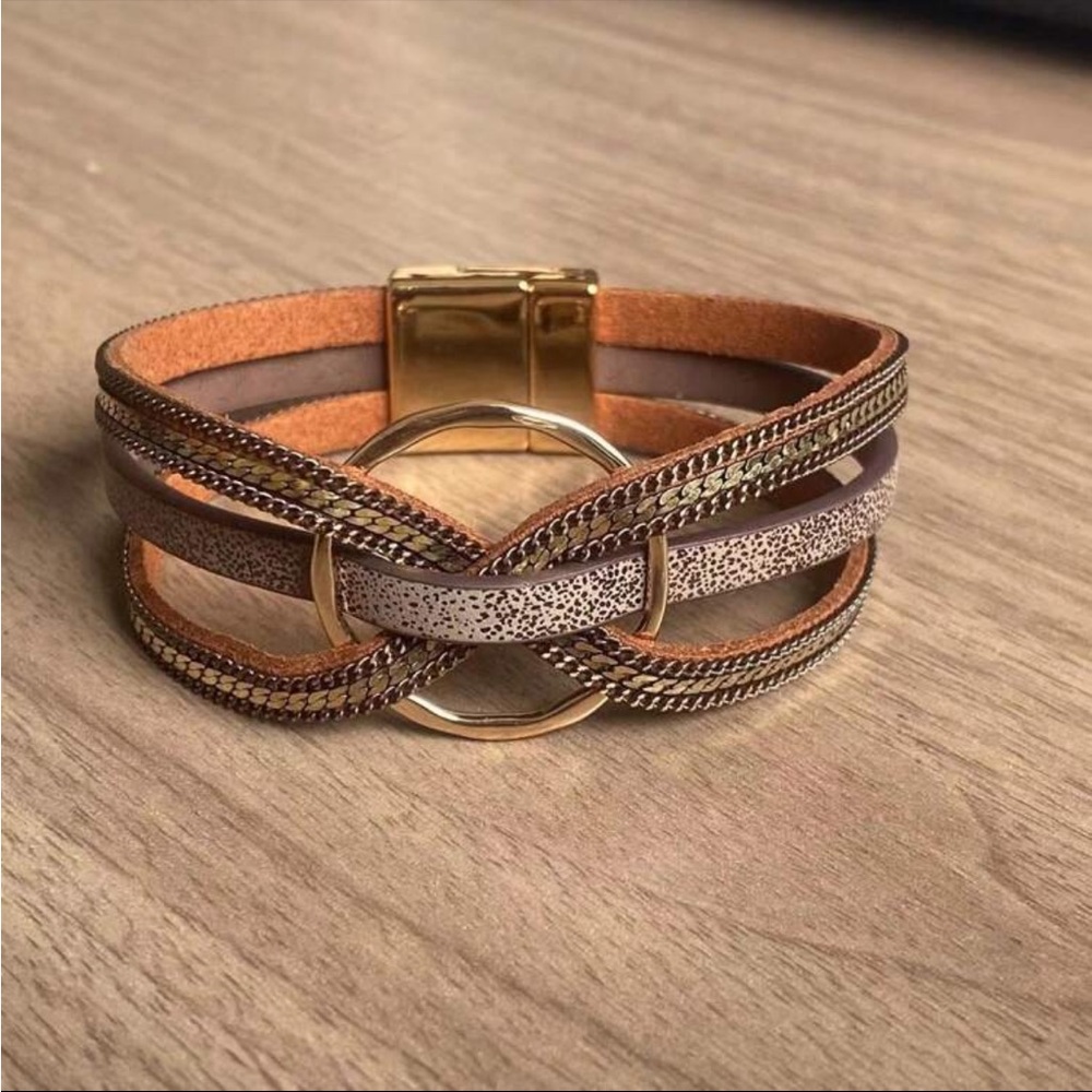 Multi-Strand Brown Leather & Gold Accent Women's Bracelet